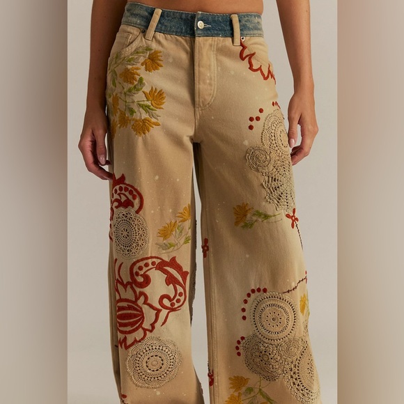 New Free People Falling Love Wide Leg Jeans Floral Embroidered Crochet - Picture 4 of 9